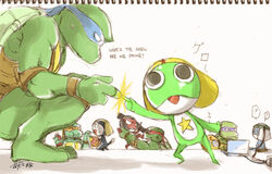  closed_eyes commentary_request crossover donatello_(tmnt) dororo_(keroro_gunsou) english_text engrish_text food giroro keroro keroro_gunsou kururu_(keroro_gunsou) leonardo_(tmnt) michelangelo_(tmnt) no_humans photoshop_(medium) pocky ranguage raphael_(tmnt) rc. tamama teenage_mutant_ninja_turtles teenage_mutant_ninja_turtles_(2003) trait_connection 