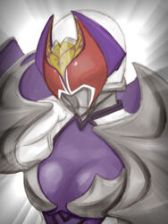  breasts cape colored_skin commentary_request emphasis_lines female grey_background kamen_rider kamen_rider_dcd kamen_rider_kivala large_breasts looking_at_viewer nakao purple_skin red_eyes simple_background solo upper_body 