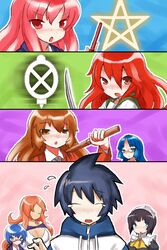  1boy 6+girls aisaka_taiga bad_id bad_pixiv_id bokken brown_eyes brown_hair crossover highres hiraga_saito kamiyama_kenta kawashima_ami kirche_augusta_frederica_von_anhalt_zerbst kugimiya_rie louise_francoise_le_blanc_de_la_valliere multiple_girls pentagram pink_eyes pink_hair red_eyes red_hair shakugan_no_shana shana siesta_(zero_no_tsukaima) sword tabitha_(zero_no_tsukaima) tears toradora! voice_actor_connection wand weapon wooden_sword zero_no_tsukaima 