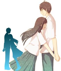  1boy brown_hair commentary_request couple female height_difference holding_hands kazehaya_shouta kimi_ni_todoke kuronuma_sawako mashibaya open_mouth pulling short_hair silhouette skirt straight 