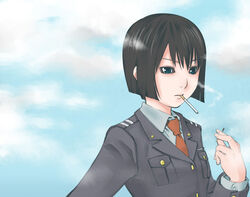  blue_eyes bob_cut brown_hair buttons cigarette cloud commentary_request day female flat_chest kusanagi_suito matsui_celine military military_uniform necktie short_hair sky smoking solo the_sky_crawlers uniform 