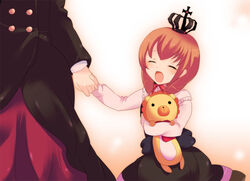  2girls :d brown_hair closed_eyes commentary_request crown happy holding_hands kurohara_yuu multiple_girls open_mouth sakutarou_(umineko) skirt smile umineko_no_naku_koro_ni ushiromiya_maria ushiromiya_rosa 