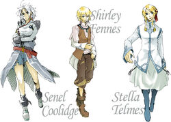  2boys bad_id bad_pixiv_id belt blonde_hair boots breasts crossed_arms facial_mark fairyjack female genderswap_(ftm) genderswap_(mtf) gloves jewelry medium_breasts multiple_boys necklace pendant rule_63 senel_coolidge shirley_fennes short_hair shorts skirt stella_telmes tales_of_(series) tales_of_legendia torn_clothes uniform vest white_hair 