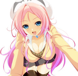  :d black_thighhighs blazer blue_eyes blush breasts cleavage commentary crawling dra+koi female gradient_hair hat heroine_(dra+koi) jacket jewelry large_breasts latex leaning_forward long_hair multicolored_hair necklace oerba_yun_fang open_mouth pink_hair school_uniform simple_background skirt slit_pupils smile solo sweater thighhighs violetshit zettai_ryouiki 