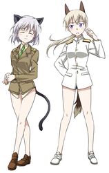  2girls agahari animal_ears bare_legs blonde_hair cat_ears cat_girl cat_tail charlotte_e._yeager charlotte_e._yeager_(cosplay) closed_eyes cosplay eila_ilmatar_juutilainen fox_ears fox_girl fox_tail full_body grey_hair highres long_hair military military_uniform multiple_girls no_pants purple_eyes sakamoto_mio sakamoto_mio_(cosplay) sanya_v._litvyak short_hair smile strike_witches tail uniform world_witches_series 