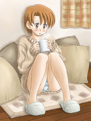  brown_eyes brown_hair commentary_request female fujimoto_atsuko lielos original panties pantyshot sitting solo striped_clothes striped_panties sweater underwear 