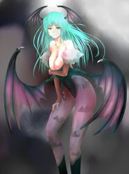  animal_print bad_id bad_pixiv_id bare_shoulders bat_print bat_wings breasts cleavage demon_girl elbow_gloves female gloves green_eyes green_hair head_wings highres large_breasts long_hair morrigan_aensland na_(zooncopter) pantyhose print_pantyhose purple_wings solo vampire_(game) wings 