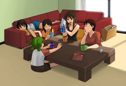  5girls ayase_asagi ayase_ena ayase_fuuka barefoot black_hair camisole carpet commentary_request couch cup green_hair hands highres indoors koiwai_yotsuba lying mrs_ayase mug multiple_girls photoshop_(medium) quad_tails raglan_sleeves shirt shorts t-shirt tachibana_roku thick_eyebrows yotsubato! 