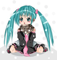  alternate_color aqua_eyes aqua_hair bad_id bad_pixiv_id blush female hatsune_miku highres lolicon long_hair nm_kuro petite_miku scarf snow solo twintails vocaloid 