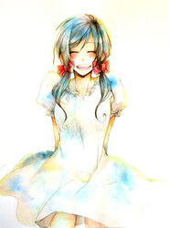  axis_powers_hetalia bad_id bad_pixiv_id blush brown_hair closed_eyes dress female hair_ribbon long_hair painting_(medium) ribbon seychelles_(hetalia) smile solo sumi_(38page) traditional_media twintails watercolor_(medium) white_dress 