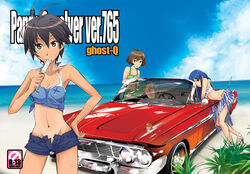  1boy 2girls :&gt;= akizuki_ryo antenna_hair arched_back armpits bare_shoulders beach bent_over bikini blue_hair blue_sky breasts brown_eyes brown_hair bush camisole car chevrolet chevrolet_impala cleavage cloud commentary_request content_rating cover cover_page cowboy_shot crop_top day doujin_cover eating food from_side ghost-q gravure_swimsuit_(idolmaster) groin hair_between_eyes hand_on_own_hip high_heels idolmaster idolmaster_(classic) idolmaster_dearly_stars kikuchi_makoto kisaragi_chihaya left-hand_drive light_smile long_hair looking_at_viewer looking_back messy midriff motor_vehicle multiple_girls muscle_car navel no_panties nonowa ocean one-piece_tan open_fly otoko_no_ko outdoors photoshop_(medium) popsicle red_eyes sarong sexually_suggestive shirt short_hair short_shorts shorts simulated_bukkake sitting sky small_breasts smile standing striped_clothes striped_sarong swimsuit tan tankini tanlines tied_shirt unzipped vehicle_focus water 