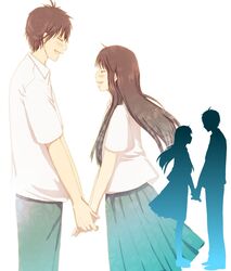  1boy brown_hair closed_eyes commentary_request couple dress_shirt female holding_hands kazehaya_shouta kimi_ni_todoke kuronuma_sawako mashibaya shirt short_hair silhouette skirt straight 