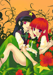  2girls akiyoshi_(rahyang) blunt_bangs braid china_dress chinese_clothes commentary_request dress dual_persona finger_to_mouth flower hat hong_meiling lie_meiling long_hair multiple_girls photoshop_(medium) red_eyes red_hair touhou twin_braids 