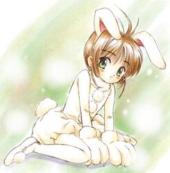  aged_down ahoge animal_ears animal_hands blush brown_hair cardcaptor_sakura female full_body gloves green_eyes kinomoto_sakura kneeling paw_gloves rabbit_ears rabbit_tail short_hair solo tail takano_hayato 