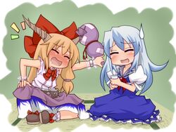  2girls blue_hair blush bow bowtie brown_hair closed_eyes commentary_request cup drunk gourd hairbow horns ibuki_suika kamishirasawa_keine long_hair multiple_girls netachou saliva shoes sitting sleeveless socks sweatdrop tatami touhou wrist_cuffs 