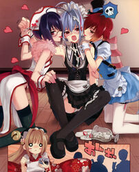  4boys :&lt; absurdres ahoge antenna_hair bell black_hair black_legwear blue_hair blush blush_stickers brown_hair camera cherry_girls cream food food_on_face glass glasses hands hat highres josou_seme kasukabe_akira kneeling licking long_hair maid maid_headdress male_focus multiple_boys nao_(otosuki) o_o open_mouth otoko_no_ko otoko_no_ko_wa_meido_fuku_ga_osuki!? panties pantyhose pantyshot parfait red_hair rio_(otosuki) sexually_suggestive short_hair sitting spill suggestive_fluid thighhighs tomo_(otosuki) tongue tongue_out translation_request underwear white_legwear wrist_cuffs yaoi yuki_(otosuki) 