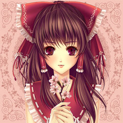  bad_id bad_pixiv_id blush brown_hair cherry_blossoms female hakurei_reimu ouka_mai purple_eyes solo touhou upper_body 