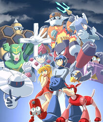  2girls 6+boys arm_cannon beat_(mega_man) brother_and_sister capcom commentary_request concrete_man eddie_(mega_man) fire fuyuwa_kotatsu galaxy_man hornet_man jewel_man magma_man mega_man_(character) mega_man_(classic) mega_man_(series) mega_man_9 multiple_boys multiple_girls plug_man polearm robot roll_(mega_man) rush_(mega_man) siblings splash_woman tornado_man trident weapon 