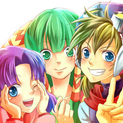  1boy 2girls blonde_hair blue_eyes commentary_request feena_(grandia) friends grandia grandia_i green_eyes green_hair grin hair_ornament hair_tubes happy hat justin_(grandia) long_hair long_sleeves multiple_girls one_eye_closed open_mouth purple_hair scarf simple_background smile sue_(grandia) upper_body v yuzucha 