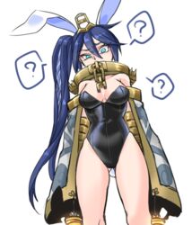  ? alternate_costume animal_ears ass_visible_through_thighs bare_legs black_leotard blue_eyes blue_hair breasts broken broken_chain cape chained chains collar confused covered_navel cuffs duel_monster fake_animal_ears fake_tail female hair_between_eyes highleg highleg_leotard large_breasts leotard long_hair looking_at_viewer metal_collar playboy_bunny rabbit_ears rabbit_tail side_ponytail solo spoken_question_mark strapless strapless_leotard tail unchained_twins_-_rakea very_long_hair yamato_usagi yu-gi-oh! 