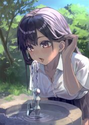  black_hair black_skirt blush breasts brown_eyes cleavage collared_shirt commentary_request day dress_shirt drinking_fountain female gomashiwo_o highres leaning_forward long_hair medium_breasts miniskirt open_mouth original outdoors school_uniform shirt skirt solo sunlight tongue tongue_out tree tucking_hair water 