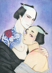  2boys acrylic_paint_(medium) bare_pectorals bare_shoulders black_hair blue_eyes blush chonmage collarbone commentary_request couple eyeliner fingernails half-closed_eyes hand_up head_on_chest head_tilt height_difference highres hug irezumi japanese_clothes kimono lips looking_at_viewer makeup male_focus manji_(momo_to_manji) momo_(momo_to_manji) momo_to_manji multiple_boys nadeshiko_rin nipples off_shoulder open_clothes open_kimono painting_(medium) pale_skin parted_lips pectorals short_hair shoulder_blades striped_clothes striped_kimono tattoo topknot traditional_media upper_body yaoi 