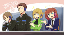  2boys 2girls 7100potechi ^_^ absurdres black_jacket black_necktie blonde_hair blue_eyes blue_jacket border_operator_uniform_(world_trigger) brown_hair chair closed_eyes closed_mouth collared_shirt crossed_arms gloves green_jacket hands_up headset highres interlocked_fingers jacket konami_kirie kurauchi_kazuki long_sleeves looking_at_viewer multiple_boys multiple_girls necktie ouji_kazuaki ouji_squad&#039;s_uniform own_hands_together shirt short_hair smile taketomi_sakurako upper_body white_gloves white_shirt world_trigger yellow_eyes 