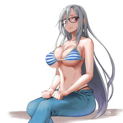  bikini bikini_top_only blue_pants breasts female glasses grey_hair hair_between_eyes large_breasts looking_at_viewer monbetsu_kuniharu original pants pink_eyes simple_background sitting solo striped_bikini striped_clothes swimsuit white_background 