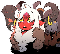  2girls axe axehorn_(ssambatea) baphomet_(niking) borrowed_character claws colored_skin commentary demon_girl english_commentary highres horizontal_pupils horns monster_girl multiple_girls original parted_lips pelt pointy_ears red_skin simple_background ssambatea sweatdrop triangle_mouth white_background white_hair wide-eyed yellow_eyes 