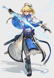  1boy belt blonde_hair blue_eyes english_text fingerless_gloves gloves grey_background guilty_gear guilty_gear_xrd hair_between_eyes holding holding_sword holding_weapon hungry_clicker ky_kiske lightning looking_at_viewer magnolia_eclair_ii male_focus ponytail shadow shoes simple_background solo sword weapon 