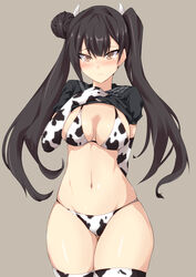  animal_print asymmetrical_hair bikini black_bikini black_hair black_shirt blush breasts brown_eyes clothes_lift commentary_request cow_print cow_print_bikini elbow_gloves fake_horns female girls&#039;_frontline gloves grey_background hair_bun highres horns looking_at_viewer medium_breasts navel nose_blush ouroboros_(girls&#039;_frontline) print_bikini print_gloves print_thighhighs sangue_llia sangvis_ferri shirt shirt_lift single_hair_bun skindentation solo sweatdrop swimsuit thick_thighs thighhighs thighs twintails two-tone_bikini two-tone_gloves white_bikini 