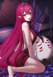  baobhan_sith_(fate) bare_shoulders blush breasts cernunnos_(fate) dress earrings fate/grand_order fate_(series) female grey_eyes highres ironatsuki jewelry large_breasts long_hair looking_at_viewer open_mouth pink_hair pointy_ears red_dress sideboob sidelocks solo stuffed_toy thighs 