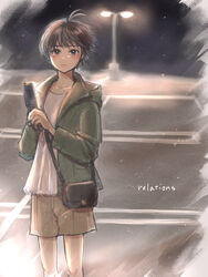  antenna_hair bag black_hair cellphone english_text female flip_phone handbag highres idolmaster idolmaster_(classic) iso_(nh15mint) jacket kikuchi_makoto lamppost looking_at_viewer night parking_lot phone short_hair shorts solo tearing_up 