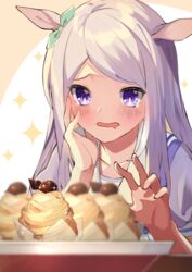  animal_ears blouse blue_sailor_collar blurry blush bow cake depth_of_field eyes_visible_through_hair female food grabbing green_bow hairbow hand_on_own_face hand_up horse_ears horse_girl light long_hair looking_down mejiro_mcqueen_(umamusume) mont_blanc_(food) outstretched_arm panda_inu plate puffy_short_sleeves puffy_sleeves purple_eyes purple_hair purple_shirt sailor_collar sailor_shirt saliva school_uniform shadow shirt short_sleeves sidelocks solo sparkle sparkling_eyes star_(symbol) summer_uniform table tracen_school_uniform umamusume white_background yellow_background 