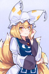  animal_ears animal_hat arm_under_breasts blonde_hair blue_background blush breasts dress eyebrows_hidden_by_hair female fox_ears fox_tail hand_on_own_cheek hand_on_own_face hat highres large_breasts mob_cap multiple_tails short_hair simple_background smile solo tabard tail toluda touhou upper_body white_dress yakumo_ran yellow_eyes 