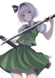  96tuki absurdres black_bow black_hairband blue_eyes blush bob_cut bow bowtie collared_shirt cowboy_shot female green_skirt green_vest hairband highres katana konpaku_youmu looking_at_viewer medium_skirt puffy_short_sleeves puffy_sleeves scabbard sheath shirt short_hair short_sleeves simple_background skirt skirt_set smile solo sword touhou vest weapon white_background white_hair white_shirt 