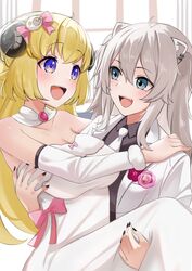  2girls alternate_costume animal_ear_piercing animal_ears black_nails blonde_hair blue_eyes bow breasts carrying cleavage commentary_request dress eye_contact grey_hair hair_ornament hairbow highres hololive horns indoors large_breasts leo_(f_mmmnkm_paint) lion_ears lion_girl looking_at_another multiple_girls nail_polish necktie open_mouth princess_carry sheep_girl sheep_hair_ornament sheep_horns shishiro_botan smile suit tsunomaki_watame virtual_youtuber wedding wedding_dress wife_and_wife yuri 