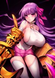  bare_shoulders belt_collar black_background blush breasts claw_(weapon) claws closed_mouth collar collarbone commentary covered_navel fate/extra fate/extra_ccc fate/grand_order fate_(series) female hair_ribbon highres huge_breasts long_hair looking_at_viewer o-ring o-ring_top passionlip_(fate) passionlip_(third_ascension)_(fate) pink_eyes pink_ribbon purple_hair revealing_clothes ribbon sideboob simple_background solo thighhighs weapon white_collar white_thighhighs zerocat 