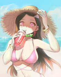  absurdres bad_id bad_pixiv_id bamboo bangle beach bikini bit_gag black_hair bracelet breasts cleavage coin_(ornament) contemporary cup day disposable_cup drink drinking drinking_straw drinking_straw_in_mouth eyelashes female gag gag_around_neck hair_ribbon hand_on_headwear hands_up hat highres holding holding_cup holding_drink jewelry juice kamado_nezuko kimetsu_no_yaiba large_breasts long_hair looking_at_viewer multicolored_hair navel ocean orange_hair outdoors pink_bikini pink_eyes pink_ribbon ribbon savarin_(fjnr7287) skindentation sky solo straw_hat streaked_hair sun_hat swimsuit unworn_gag upper_body wet 