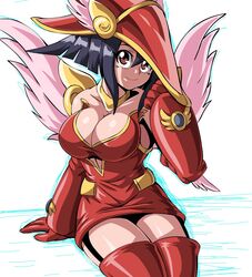  apple_magician_girl bare_shoulders black_hair breasts brown_eyes cleavage clothing_cutout commentary_request duel_monster feathered_wings female lewdamone looking_at_viewer solo wings yu-gi-oh! 