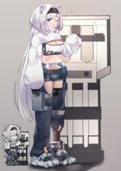  ;o absurdres animal_ears arknights aurora_(arknights) bear_ears black_hairband blue_eyes boots breasts chaps chibi cleavage cleavage_cutout clothing_cutout crop_top cropped_jacket female full_body grey_background grey_shorts hairband highres infection_monitor_(arknights) jacket kirigirisu1221 long_hair long_sleeves looking_at_viewer midriff multiple_views navel one_eye_closed open_mouth shield short_shorts shorts simple_background standing stomach very_long_hair white_hair white_jacket 