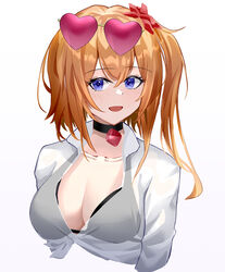  bad_id bad_pixiv_id bikini bikini_top_only black_bikini black_bra black_choker blue_eyes blush bra breasts chinese_commentary choker cleavage collarbone commentary_request cropped_torso eyewear_on_head female gem girls&#039;_frontline hair_ribbon kalina_(girls&#039;_frontline) long_hair looking_at_viewer medium_breasts official_alternate_costume one_smoke open_mouth orange_hair red_gemstone red_ribbon ribbon see-through see-through_shirt shirt side_ponytail smile solo sunglasses swimsuit underwear upper_body white_background white_shirt 