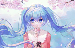  182_1x156_(gkyn8274) absurdres black_ribbon blue_eyes blue_hair blue_nails branch cherry_blossoms collared_shirt commentary falling_petals female floating_hair flower hair_between_eyes hatsune_miku highres holding holding_branch holding_flower long_hair looking_at_viewer nail_polish petals pink_flower pink_shirt ribbon sailor_collar sailor_shirt shirt solo symbol-only_commentary twintails upper_body very_long_hair vocaloid white_flower white_sailor_collar 