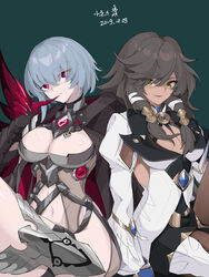  2girls absurdres alternate_costume artist_name black_cape black_shorts breasts brown_hair brown_pantyhose cape chinese_commentary claw_(weapon) cleavage closed_mouth coat commentary dark-skinned_female dark_skin dated evzeva green_background grey_hair highres honkai_(series) honkai_impact_3rd jackal_(honkai_impact) long_hair looking_at_viewer mole mole_under_mouth multiple_girls navel pantyhose raven_(honkai_impact) red_eyes revealing_clothes short_hair shorts simple_background smile weapon white_coat yellow_eyes 