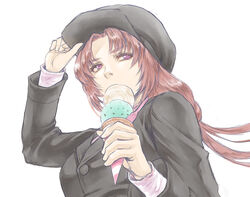  black_hat female food from_below gundam gundam_unicorn hat ice_cream long_hair looking_up marida_cruz purple_hair solo takeda_yuuko white_background 