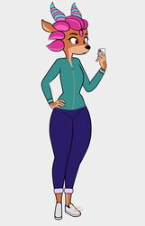  absurd_res amber_eyes anthro big_daddy_(artist) bottomwear clothed clothing deer denim denim_bottomwear denim_clothing electronics female hair hi_res jeans looking_at_object looking_at_phone mammal new_world_deer pants phone pink_hair roe_deer simple_background solo soyuzmultfilm tracksuit ulya_(wjyw) well_just_you_wait! 