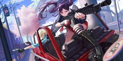  1boy black_hair boots car city driving female grey_hair gun handgun highres lamppost leggings motor_vehicle ning_(smc) official_art punk red_eyes rifle road_sign rom_(smc) sign smile spiked_hair super_mecha_champions tire twintails weapon 