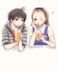  2girls antenna_hair black_hair brown_hair cup disposable_cup drinking drinking_straw facing_viewer hairband heart highres idolmaster idolmaster_(classic) iso_(nh15mint) kikuchi_makoto long_hair minase_iori multiple_girls short_hair 