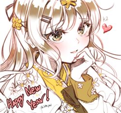  bad_id bad_pixiv_id blush brown_eyes brown_hair character_name commentary_request female flower girls&#039;_frontline hair_ornament hairclip hanbok happy_new_year heart highres k2_(far_east_princess)_(girls&#039;_frontline) k2_(girls&#039;_frontline) korean_clothes long_hair long_sleeves looking_at_viewer menna_(0012) new_year official_alternate_costume parted_lips simple_background smile solo twitter_username upper_body white_background white_flower 