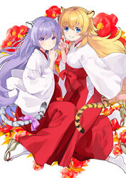  2girls angel_beats! animal_ears asami_yuriko blonde_hair blue_eyes chinese_zodiac commentary_request extra_ears flower full_body grin hakama highres irie_miyuki japanese_clothes long_hair looking_at_viewer miko multiple_girls paw_pose purple_eyes purple_hair red_flower red_hakama sandals sekine_shiori smile socks tabi tail tiger_ears tiger_tail white_legwear year_of_the_tiger zouri 